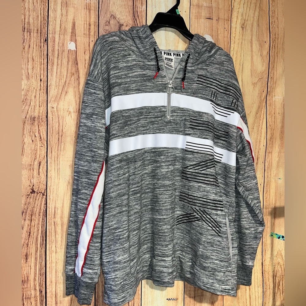 Victoria’s Secret PINK Large Campus Half-Zip Pullover Hoodie Red White Stripes
